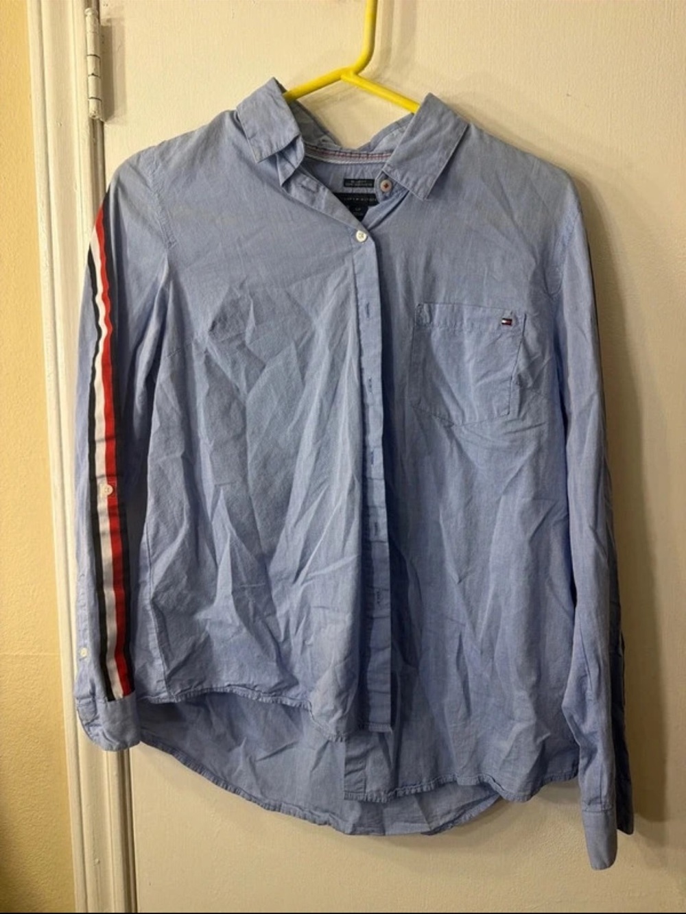 Tommy Hilfiger Light Blue Men’s Button-Up Shirt with Stripe Sleeve